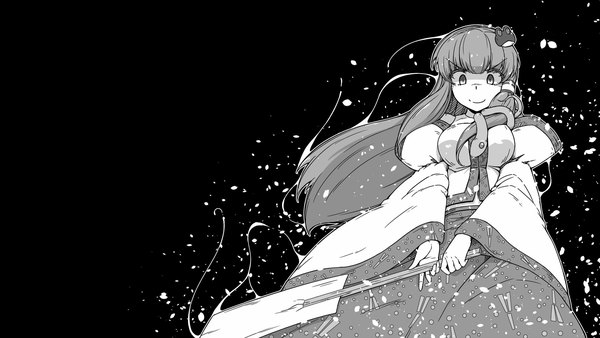 Anime picture 1920x1080 with touhou kochiya sanae sunatoshi single long hair looking at viewer fringe highres breasts simple background smile wide image large breasts holding wide sleeves from below wallpaper black background monochrome serious