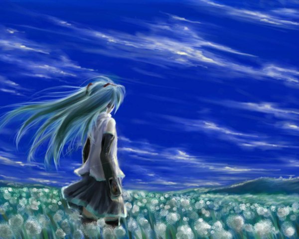 Anime picture 1280x1024 with vocaloid hatsune miku nise mono (artist) single long hair twintails sky cloud (clouds) from behind aqua hair back landscape field girl thighhighs skirt flower (flowers) detached sleeves headphones