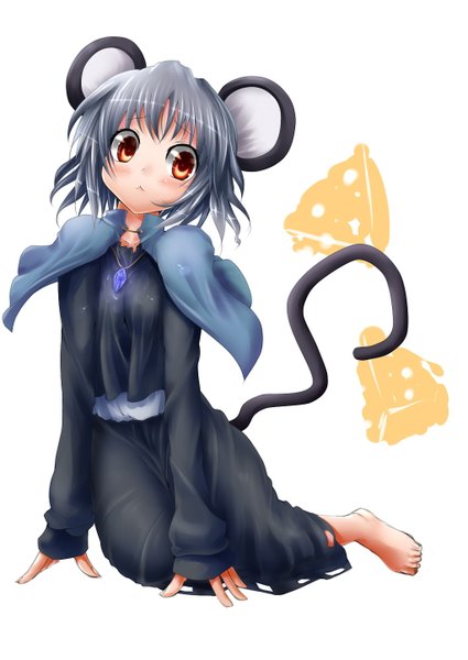 Anime picture 1024x1446 with touhou nazrin kantarou (nurumayutei) single tall image short hair red eyes animal ears tail animal tail barefoot grey hair mouse girl girl