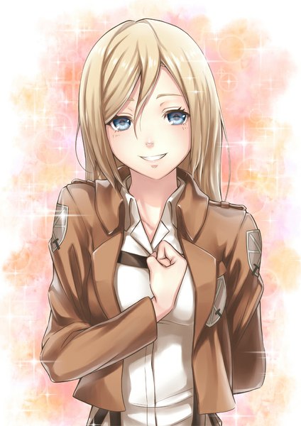 Anime picture 727x1029 with shingeki no kyojin production i.g krista lenz hyp single long hair tall image looking at viewer blush blue eyes blonde hair smile girl jacket