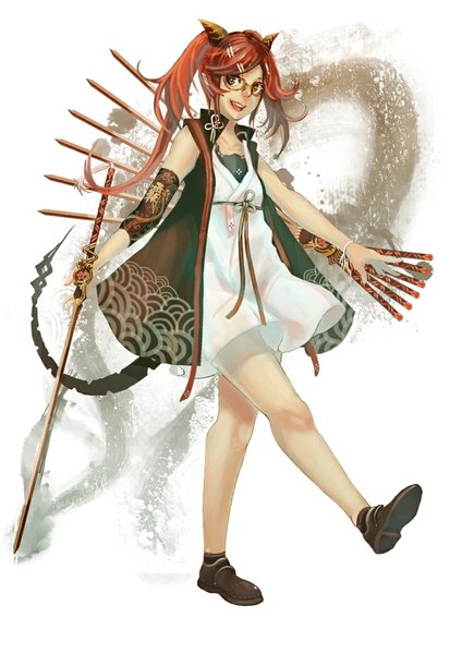 Anime picture 782x1106 with original raionart single long hair tall image simple background smile white background green eyes looking away red hair tail horn (horns) pointy ears legs dress glasses shoes
