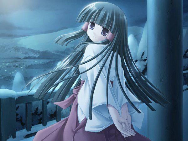 Anime picture 1024x768 with north wind kimizuka miki torishimo long hair black hair purple eyes game cg miko girl