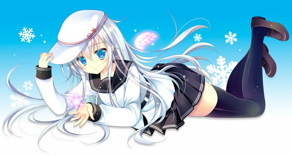 Anime picture 1000x537 with kantai collection hibiki destroyer verniy destroyer shirogane hina single long hair looking at viewer blue eyes wide image full body white hair hammer and sickle girl thighhighs skirt black thighhighs sailor suit snowflake (snowflakes) flat cap