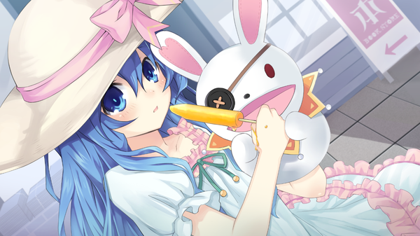 イラスト 1280x720 と デート・ア・ライブ yoshino (date a live) よしのん 長髪 赤面 青い目 wide image 青い髪 game cg loli 女の子 ドレス 帽子 食べ物 スイーツ おもちゃ ペットぬいぐるみ アイスクリーム hand puppet