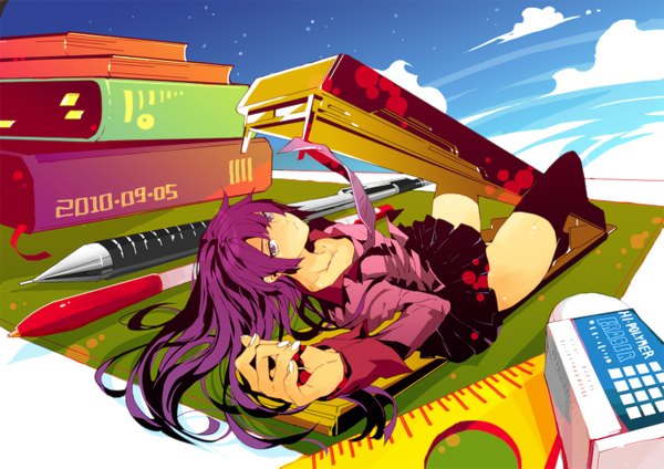 Anime picture 1500x1061 with bakemonogatari shaft (studio) monogatari (series) senjougahara hitagi fishine purple hair cloud (clouds) lying girl thighhighs book (books) pen eraser stapler