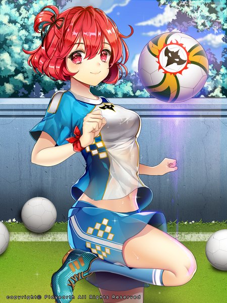 Anime picture 1500x2000 with kaizin rumble original world cup 2014 fifa world cup primcoco (jooarose) tall image looking at viewer short hair smile red eyes red hair football girl uniform socks shoes shorts gym uniform