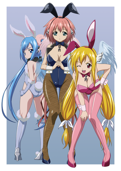 Anime picture 2752x3872 with sora no otoshimono ikaros nymph (sora no otoshimono) astraea serated13 tall image highres short hair open mouth blue eyes light erotic simple background blonde hair smile red eyes twintails multiple girls green eyes blue hair pink hair