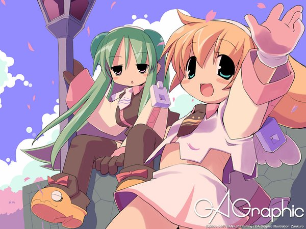 Anime picture 1024x768 with gagraphic zankuro long hair looking at viewer blush fringe blonde hair hair between eyes sitting twintails multiple girls signed sky cloud (clouds) outdoors pink eyes arm up aqua eyes green hair copyright name