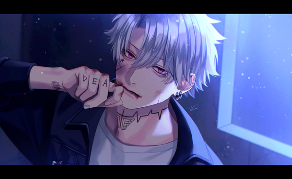 Anime picture 1300x797 with original kurayoshi samu (sum) single looking at viewer fringe short hair hair between eyes wide image signed silver hair upper body indoors pink eyes night tattoo piercing facial mark ear piercing letterboxed hand to mouth
