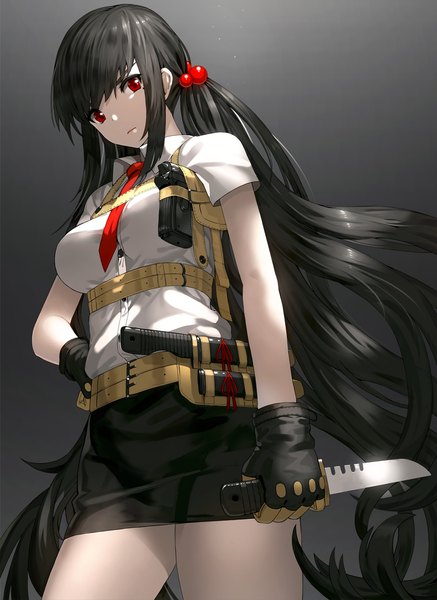 Anime picture 857x1175 with original kfr single long hair tall image looking at viewer black hair red eyes girl skirt weapon shirt necktie gun knife pistol