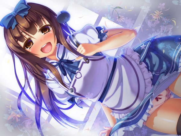 Anime picture 1280x960 with touhou star sapphire dragoner single long hair looking at viewer blush open mouth light erotic brown hair brown eyes cameltoe dress lift girl thighhighs dress flower (flowers) ribbon (ribbons) black thighhighs hair ribbon