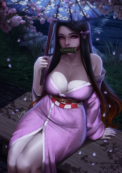Anime picture 3509x4961 with kimetsu no yaiba ufotable kamado nezuko luminyu single long hair tall image looking at viewer fringe highres breasts light erotic black hair large breasts sitting holding signed absurdres cleavage outdoors