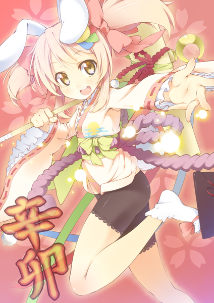 Anime picture 2480x3507 with original ichi makoto single tall image blush highres short hair smile twintails brown eyes animal ears pink hair traditional clothes japanese clothes bunny ears hieroglyph short twintails bunny tail girl hair ornament
