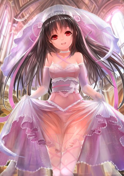 Anime picture 2480x3508 with machine-doll wa kizutsukanai yaya (machine-doll) ensinn single long hair tall image looking at viewer highres open mouth light erotic black hair red eyes bare shoulders pantyshot girl dress gloves underwear panties elbow gloves