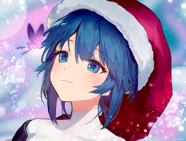 Anime picture 1100x838 with touhou doremy sweet ainy single blush fringe short hair blue eyes hair between eyes signed blue hair twitter username looking up face girl hat insect butterfly