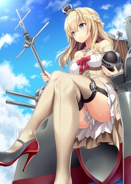Anime picture 700x980 with kantai collection warspite (kantai collection) kase daiki single long hair tall image blue eyes light erotic blonde hair sitting looking away sky cloud (clouds) high heels crossed legs girl thighhighs white thighhighs crown mini crown