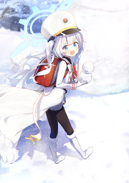Anime picture 2894x4093 with blue archive cherino (blue archive) yamada auto single long hair tall image looking at viewer fringe highres open mouth blue eyes silver hair full body outdoors from above loli two side up snow girl gloves