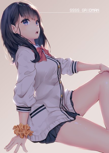 Anime picture 615x860 with gridman universe ssss.gridman studio trigger takarada rikka shiomizu (swat) single long hair tall image blush fringe open mouth blue eyes black hair simple background hair between eyes sitting looking away bent knee (knees) pleated skirt arm support