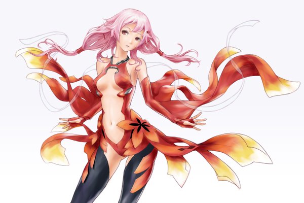 Anime picture 3000x2000 with guilty crown production i.g yuzuriha inori nikan single long hair highres simple background red eyes white background pink hair center opening girl thighhighs navel hair ornament black thighhighs detached sleeves hairclip bodysuit