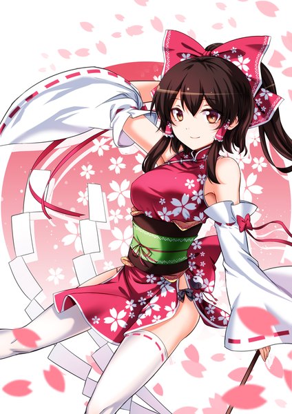 Anime picture 2480x3507 with touhou hakurei reimu koissa single long hair tall image looking at viewer fringe highres breasts smile brown hair large breasts bare shoulders brown eyes payot ponytail traditional clothes arm up floral print
