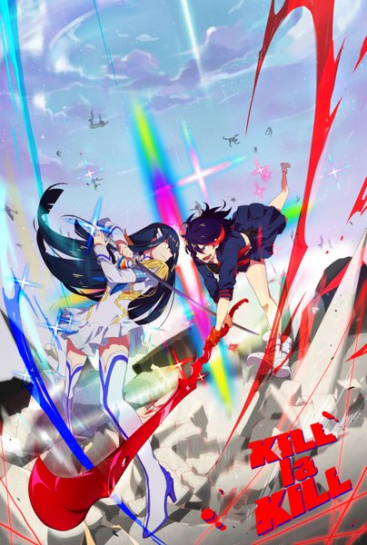 Anime picture 2018x3000 with kill la kill studio trigger matoi ryuuko kiryuuin satsuki senketsu junketsu meer rowe long hair tall image fringe highres short hair open mouth blue eyes black hair smile multiple girls multicolored hair two-tone hair streaked hair