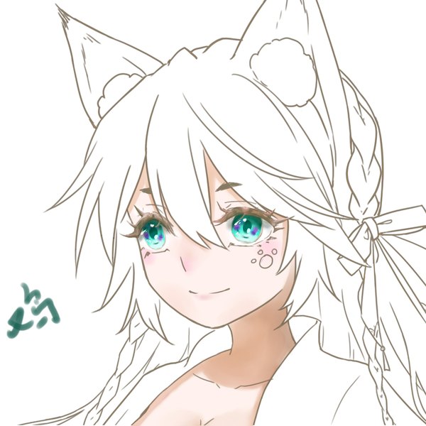 Anime picture 2000x2000 with original bob_ok single long hair fringe highres blue eyes simple background hair between eyes white background signed animal ears payot looking away upper body white hair braid (braids) light smile open shirt fox ears
