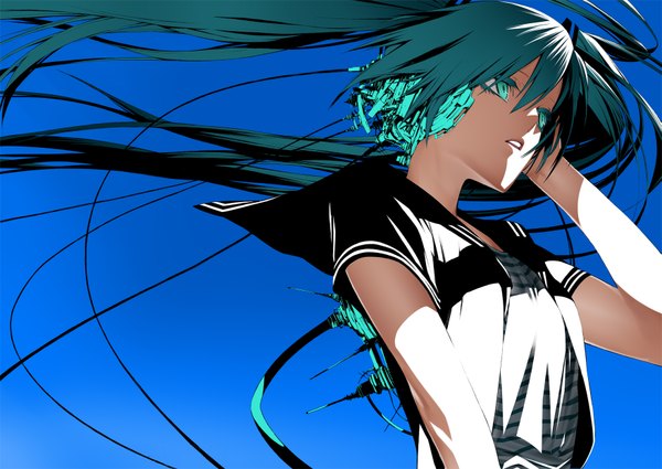 Anime picture 1755x1244 with vocaloid hatsune miku onigunsou single long hair highres twintails aqua eyes aqua hair girl headphones wire (wires)