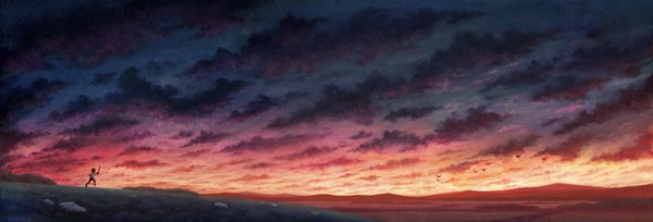 Anime picture 2000x680 with original nifui (artist) single wide image sky cloud (clouds) evening sunset horizon landscape running boy animal bird (birds)