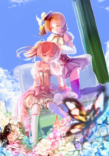 Anime picture 1408x2000 with mahou shoujo madoka magica shaft (studio) kaname madoka tomoe mami ameru.miro tall image blonde hair smile sitting twintails multiple girls yellow eyes pink hair sky cloud (clouds) eyes closed kneeling drill hair short twintails girl