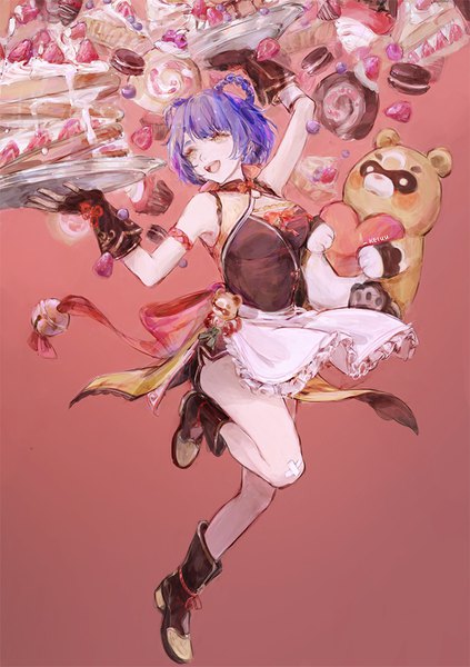 Anime picture 705x1000 with genshin impact xiangling (genshin impact) guoba (genshin impact) keiuu single tall image short hair open mouth signed yellow eyes blue hair full body :d pink background girl animal food heart sweets bell