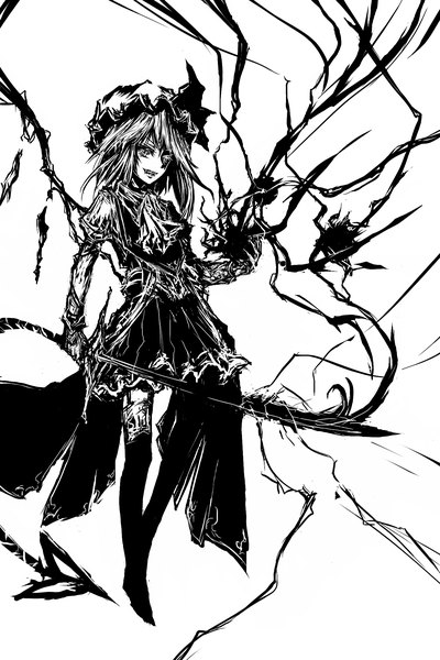 Anime picture 1400x2100 with touhou flandre scarlet acryl (artist) single tall image short hair simple background white background magic monochrome lightning girl thighhighs skirt weapon sword wings bonnet hat ribbon laevatein (touhou)