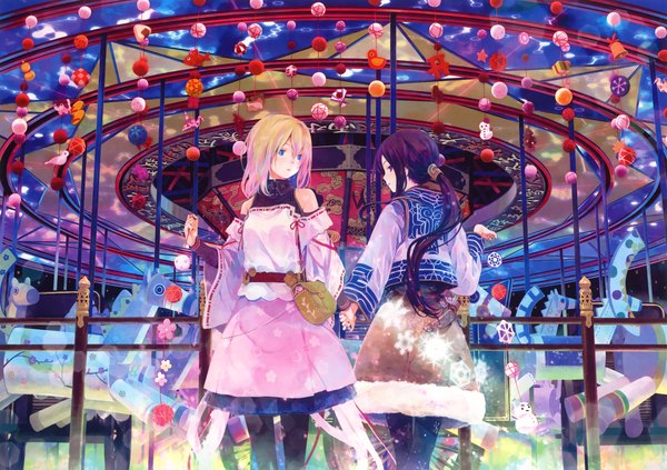 Anime picture 4600x3248 with original eshi 100-nin ten takano otohiko long hair highres short hair blue eyes black hair blonde hair purple eyes bare shoulders multiple girls absurdres ponytail holding hands girl dress 2 girls bag carousel