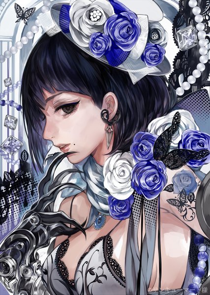 Anime picture 705x990 with original tcb (pixiv) single tall image fringe short hair breasts black hair large breasts looking away parted lips profile lips black eyes mole tattoo eyeshadow mole under mouth bob cut girl