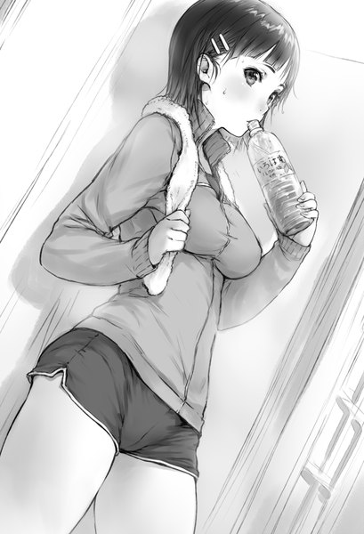 Anime picture 750x1100 with sword art online a-1 pictures kirigaya suguha makimura shunsuke single tall image looking at viewer short hair black hair holding black eyes embarrassed turning head monochrome towel around neck girl uniform hair ornament water shorts