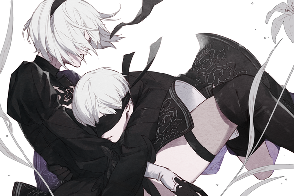 Anime picture 2400x1600 with nier nier:automata yorha no. 2 type b yorha no. 9 type s tayuya1130 highres short hair simple background white background silver hair bent knee (knees) eyes closed long sleeves parted lips profile puffy sleeves couple hug floating hair covering