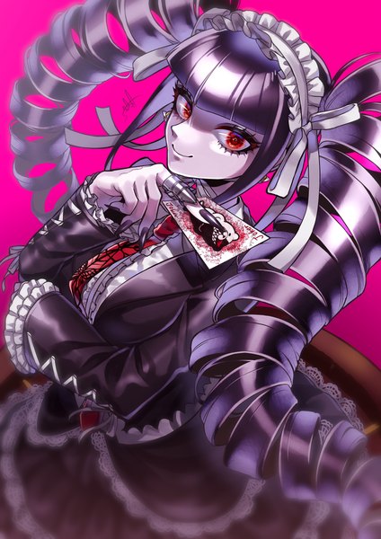 Anime picture 2894x4093 with dangan ronpa celestia ludenberg minaramuda single long hair tall image looking at viewer fringe highres simple background smile red eyes twintails payot purple hair blunt bangs drill hair pink background girl card (cards)