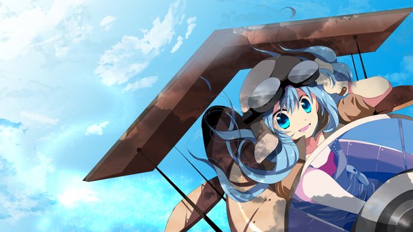 Anime picture 2000x1125 with vocaloid hatsune miku marirero a long hair highres open mouth blue eyes wide image blue hair sky cloud (clouds) girl goggles helmet aircraft airplane