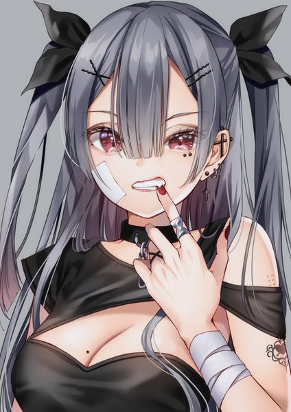 Anime picture 1447x2046 with original yoshida iyo single long hair tall image looking at viewer fringe breasts light erotic simple background hair between eyes red eyes large breasts payot cleavage upper body blunt bangs nail polish fingernails grey hair