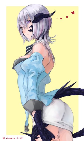 Anime picture 1200x2000 with final fantasy final fantasy xiv square enix au ra daikichi maru single tall image looking at viewer fringe short hair breasts purple eyes signed yellow eyes pink hair silver hair tail long sleeves horn (horns) heterochromia