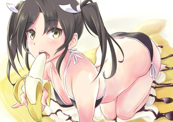 Anime picture 1631x1158 with kantai collection zuikaku aircraft carrier wa (genryusui) single long hair looking at viewer blush open mouth light erotic twintails yellow eyes barefoot on all fours bent over girl ribbon (ribbons) swimsuit hair ribbon bikini food
