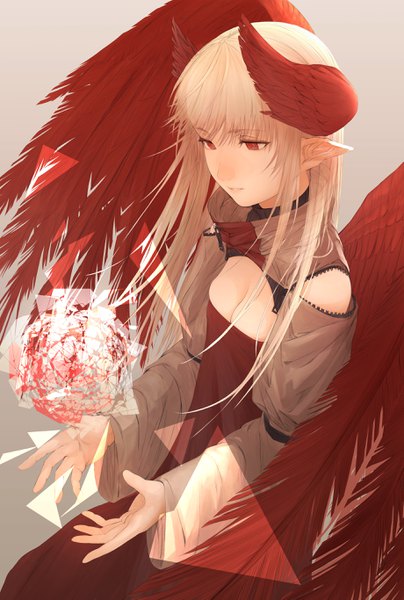 Anime picture 1839x2730 with original savan single long hair tall image fringe highres breasts light erotic blonde hair simple background hair between eyes red eyes standing payot looking away cleavage long sleeves parted lips pointy ears