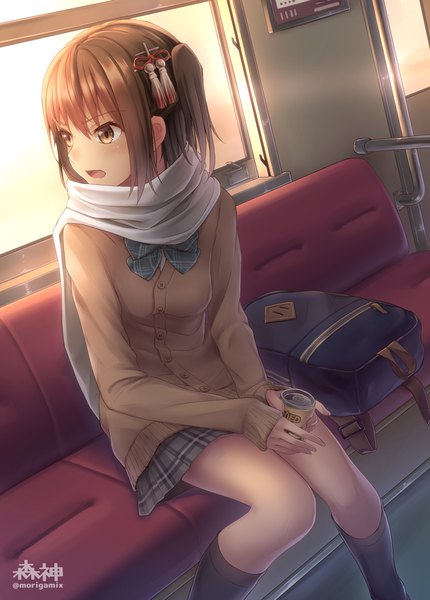 Anime picture 716x1000 with kantai collection sendai light cruiser morigami (morigami no yashiro) single tall image blush fringe short hair open mouth hair between eyes brown hair sitting holding brown eyes signed looking away long sleeves sunlight two side up shiny skin