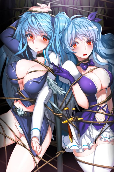 Anime picture 1000x1500 with sword girls luthica preventer snowball22 long hair tall image blush breasts open mouth light erotic red eyes large breasts multiple girls blue hair bondage girl thighhighs dress bow 2 girls hair bow