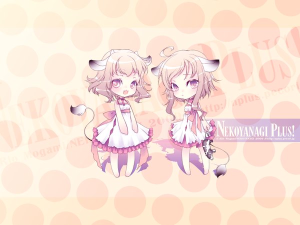 Anime picture 1600x1200 with mogami rio blush short hair brown hair standing multiple girls animal ears full body tail animal tail barefoot horn (horns) orange eyes happy chibi cow ears cow girl cow tail girl dress