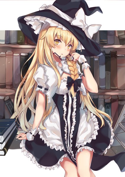 Anime picture 2314x3274 with touhou kirisame marisa usagi an single long hair tall image looking at viewer blush fringe highres simple background blonde hair hair between eyes white background sitting holding yellow eyes braid (braids) parted lips arm support