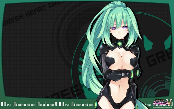 Anime picture 1920x1200 with choujigen game neptune hyperdimension neptunia mk2 green heart tsunako single long hair highres breasts light erotic wide image large breasts purple eyes cleavage ponytail green hair official art midriff girl navel