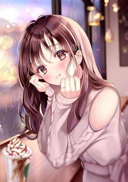 Anime picture 816x1158 with original yugirlpict single long hair tall image looking at viewer blush smile brown hair sitting bare shoulders brown eyes indoors head tilt reflection valentine head rest girl hair ornament window