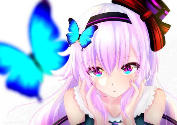 Anime picture 1920x1358 with virtual youtuber .live carro pino sagarifuji000 single long hair looking at viewer blush fringe highres open mouth hair between eyes white background payot pink hair upper body nail polish pink eyes :o depth of field