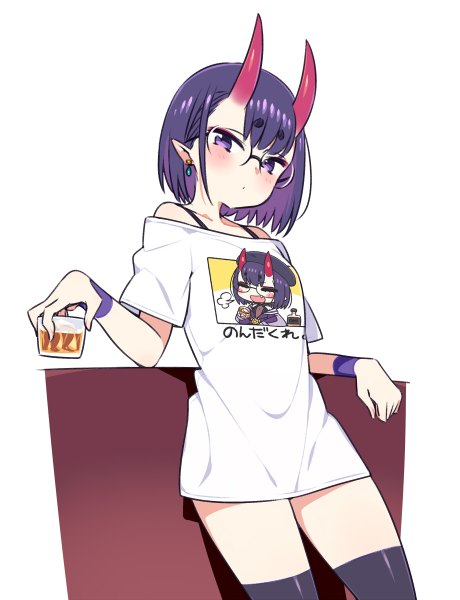 Anime picture 920x1200 with fate (series) fate/grand order shuten douji (fate) chan co single tall image looking at viewer blush fringe short hair simple background standing white background purple eyes bare shoulders holding purple hair horn (horns) pointy ears off shoulder