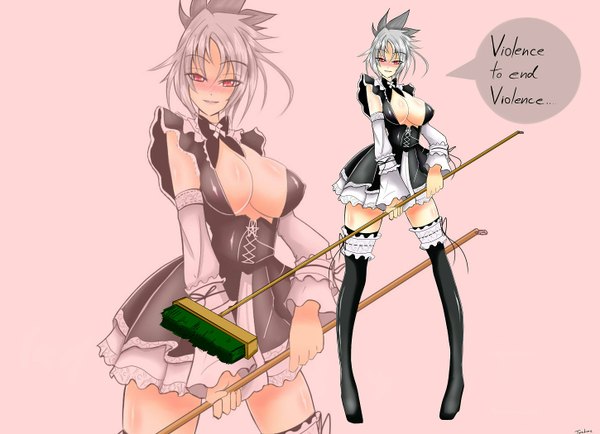 Anime picture 1450x1050 with league of legends riven (league of legends) torahime (roland00) single looking at viewer blush short hair breasts light erotic simple background large breasts cleavage pink eyes light smile grey hair maid girl thighhighs black thighhighs speech bubble